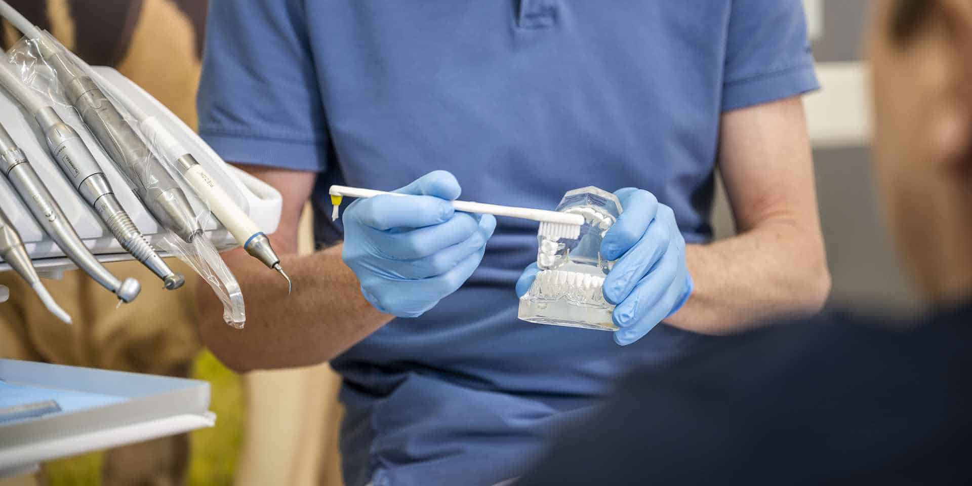 Tandarts voert mondhygiëne en tandvleeszorg uit.